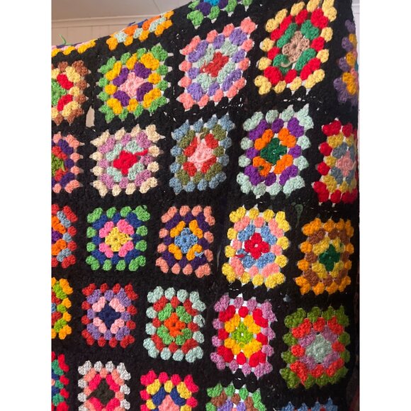 Vintage Handmade Granny Square Crochet Blanket Throw 67x47 Inches Black Multicol - Picture 3 of 6
